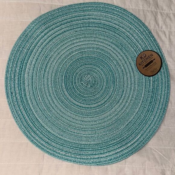 Set of Six Teal Ombre Round Weave Placemats, Table Runner, Mitts, Towels ++++ - Picture 2 of 16